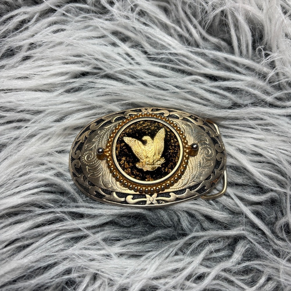 Vintage‎ Western Oval Belt Buckle Gold-Plated Bald Eagle Figurine Centered USA